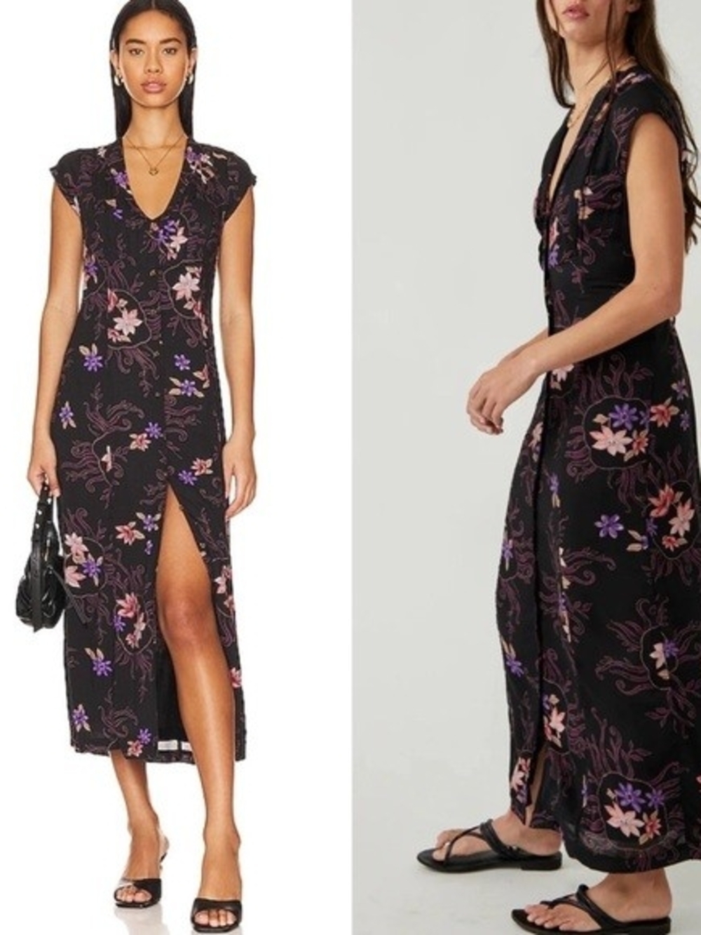 Free People Black Floral V-Neck Midi Dress with Side Slit